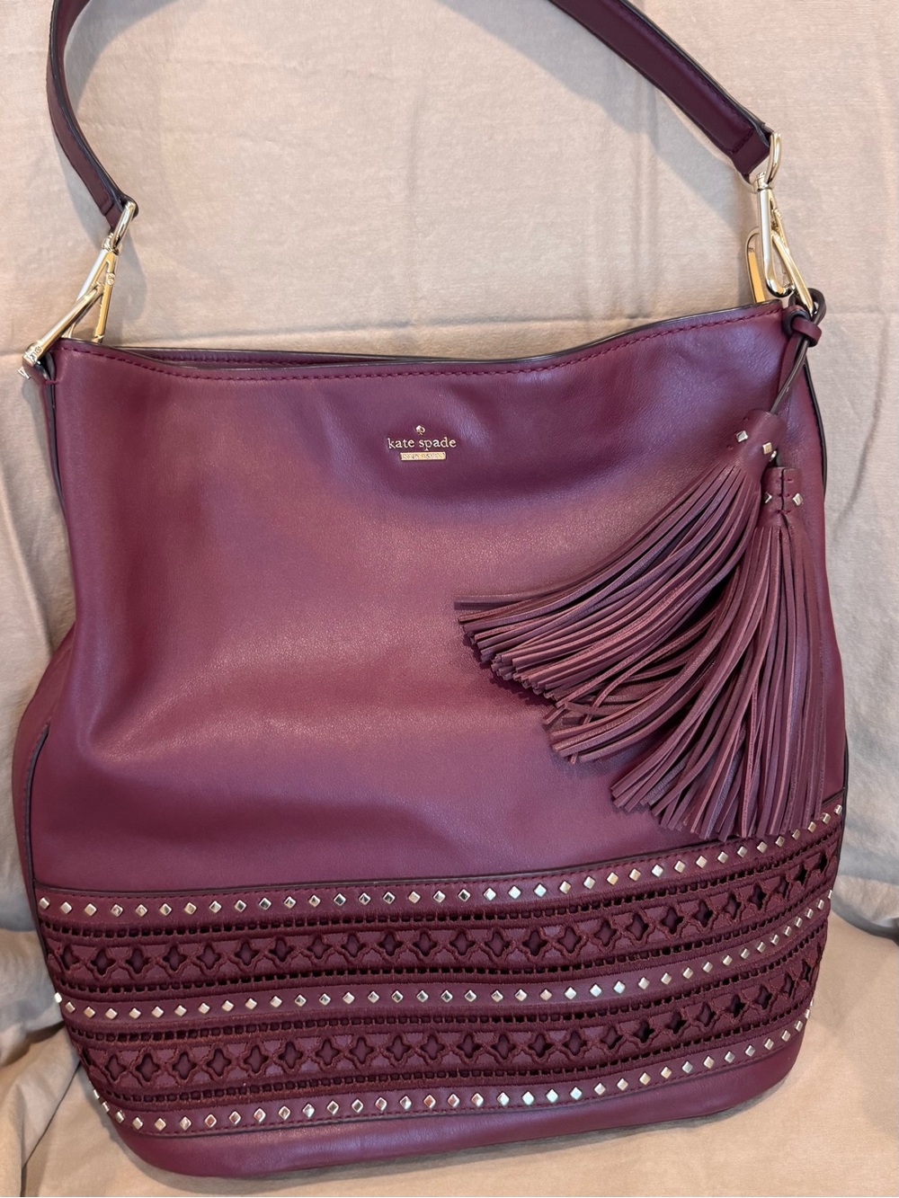 kate spade maroon Leather Tassel Shoulder Hobo with Studded Trim